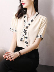 V-neck Bow Pearl Button Shirt