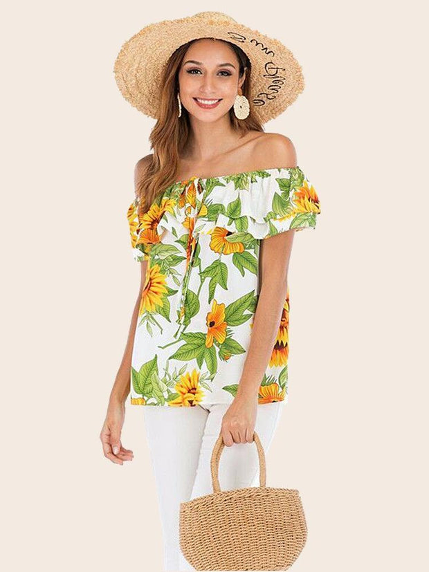 Off Shoulder Printed Short Sleeve Shirt