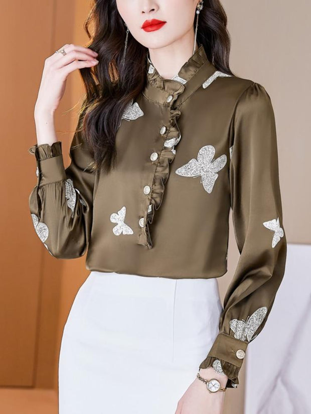 Long Sleeved Stand Collar Printed Top