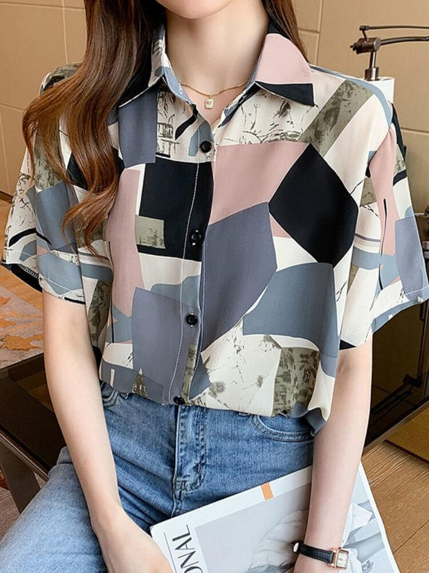 Women's Geometric Chiffon Short Sleeved Shirt