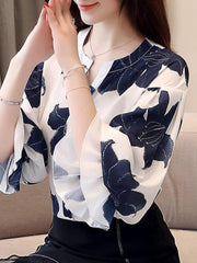 Women's Lantern Sleeve Floral Chiffon Shirt