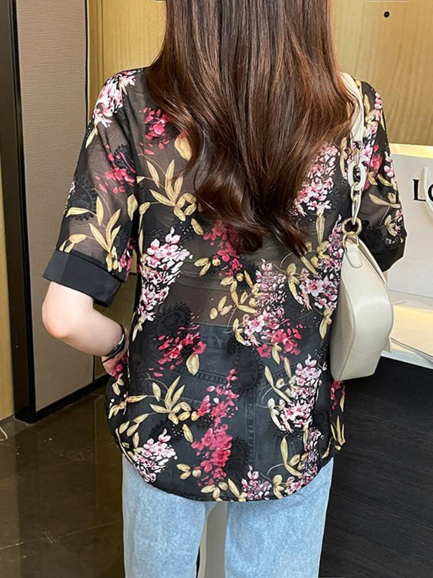 Blouse Short Sleeved Chiffon Floral Shirt