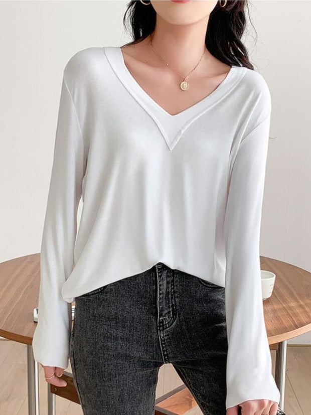Women's Solid V-Neck Long Sleeve T-shirt