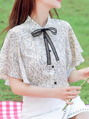 Women's Ruffle Chiffon Top Short Sleeve Printed Shirt