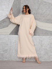 Feather Long Sleeve Round Neck Jalabiya Dress