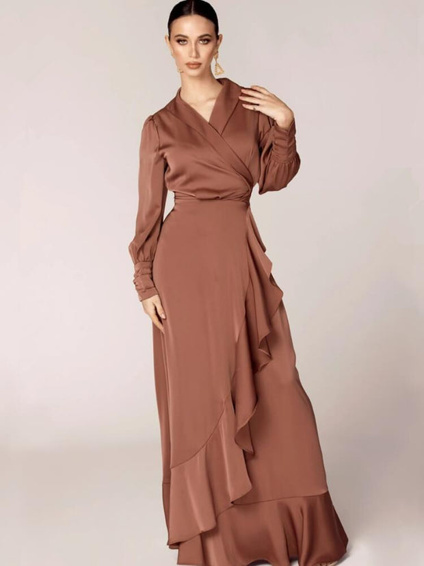 Women's Solid Color Irregular Ruffle Lace Up Long Dress