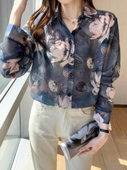 Floral Chiffon Long Sleeved Printed Shirt