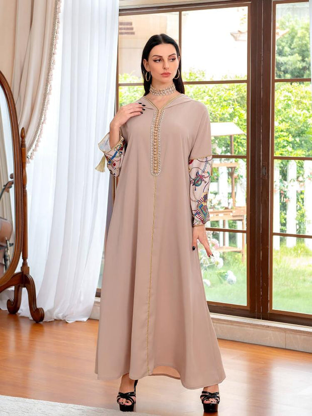 Women's Stitched Diamond Robe Hooded Tassel Abaya Dress
