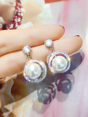 925 Silver Needle Diamond Pearl Earrings