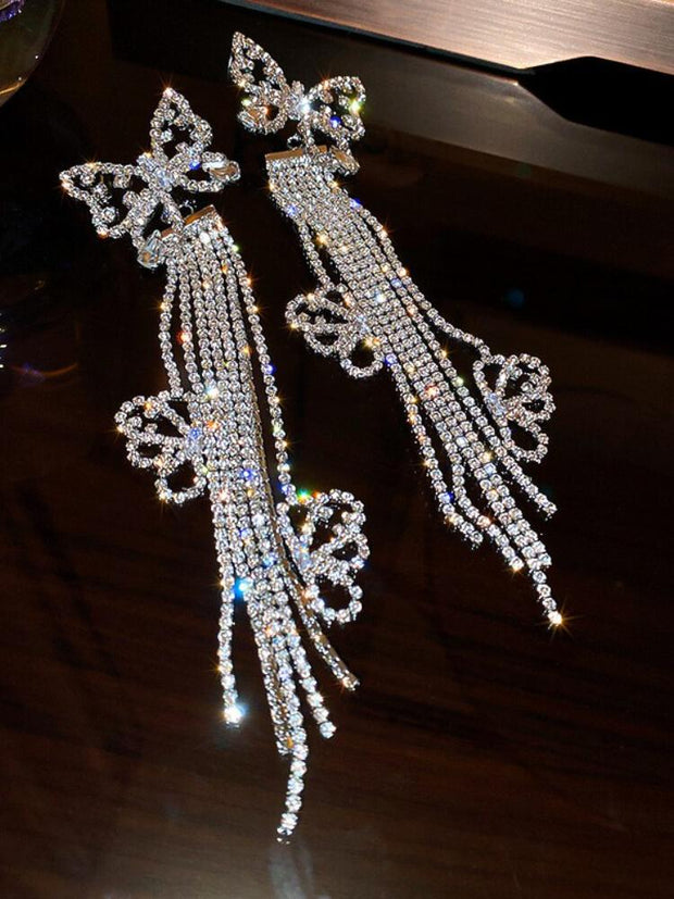 Silver Needle Flash Diamond Tassel Earrings