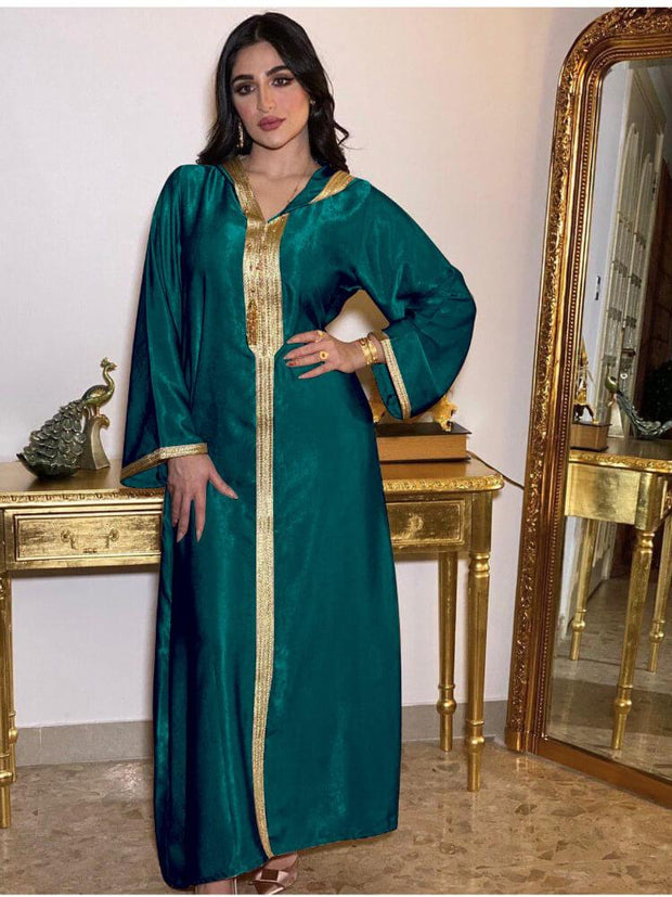 Women's Champagne Hooded Lace Suede Robe Abaya Dress