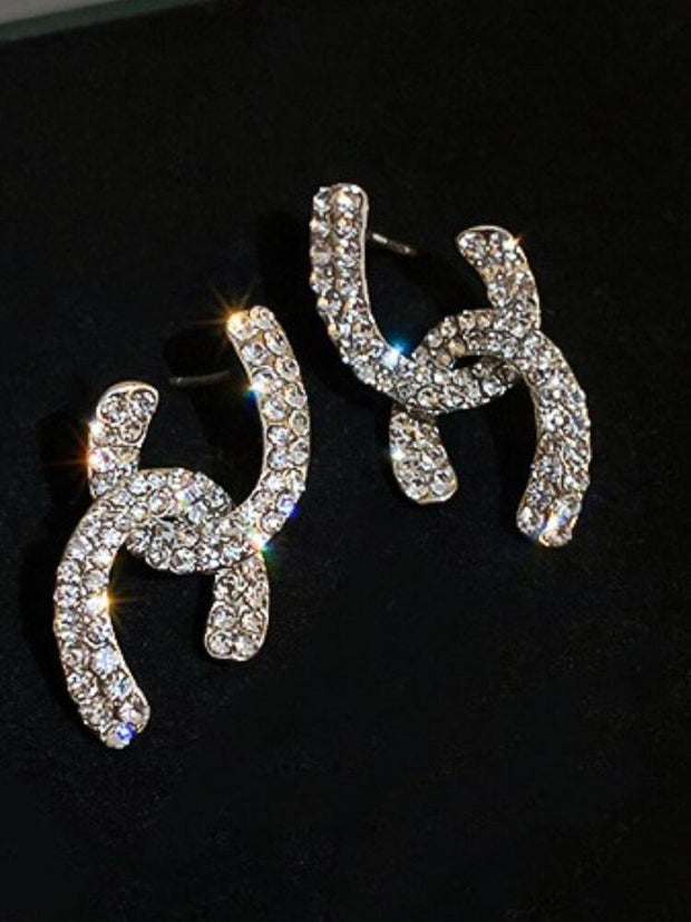 Silver Needle Diamond Inlaid Letter Crossed Earrings