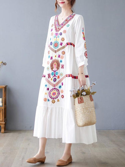 Embroidery V-Neck Bubble Sleeve Dress