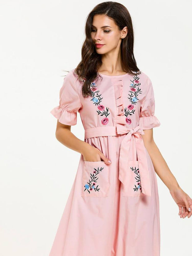 Short Sleeved Ruffle Embroidered Pocket Dress