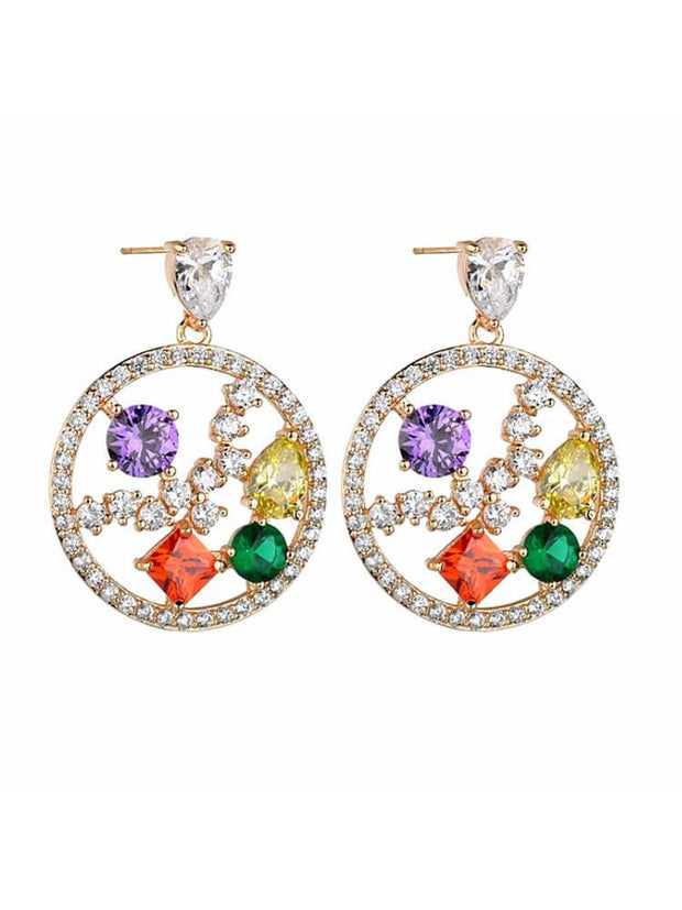 Imitation Crystal Colored Zircon Round Earrings