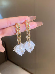 Silver Needle Zircon Shell Leaf Earrings