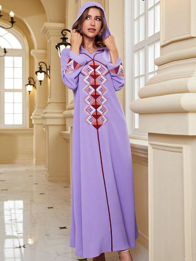 Long Sleeved Embroidered Purple Hooded Dress