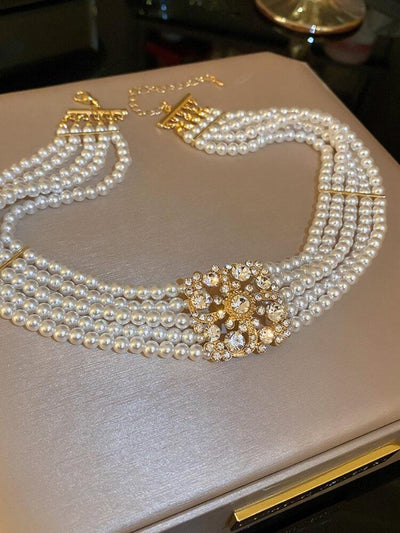 Diamond Studded Flower Pearl Multilayer Necklace