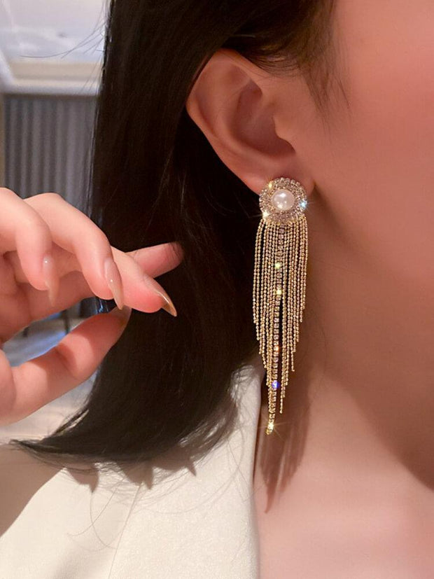 925 Silver Needle Pearl Inlaid Diamond Tassel Earrings