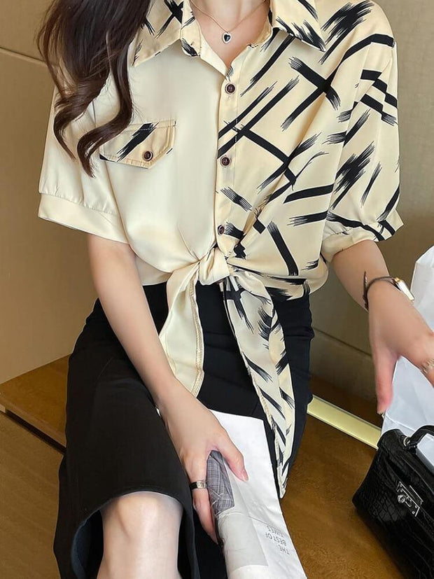 Women's Plaid Stitched Short Sleeve Chiffon Shirt
