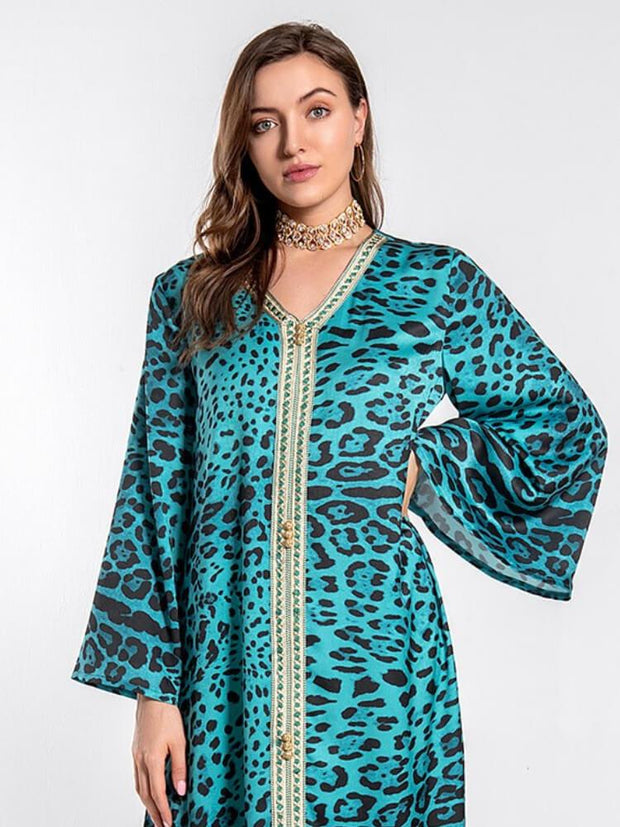 Leopard Print V-Neck Jalabiya Dress