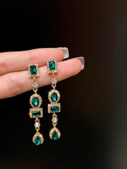 925 Silver Needle Geometric Diamond Inlaid Green Earrings