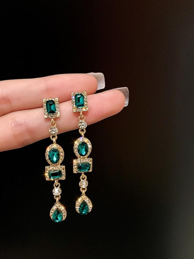 925 Silver Needle Geometric Diamond Inlaid Green Earrings