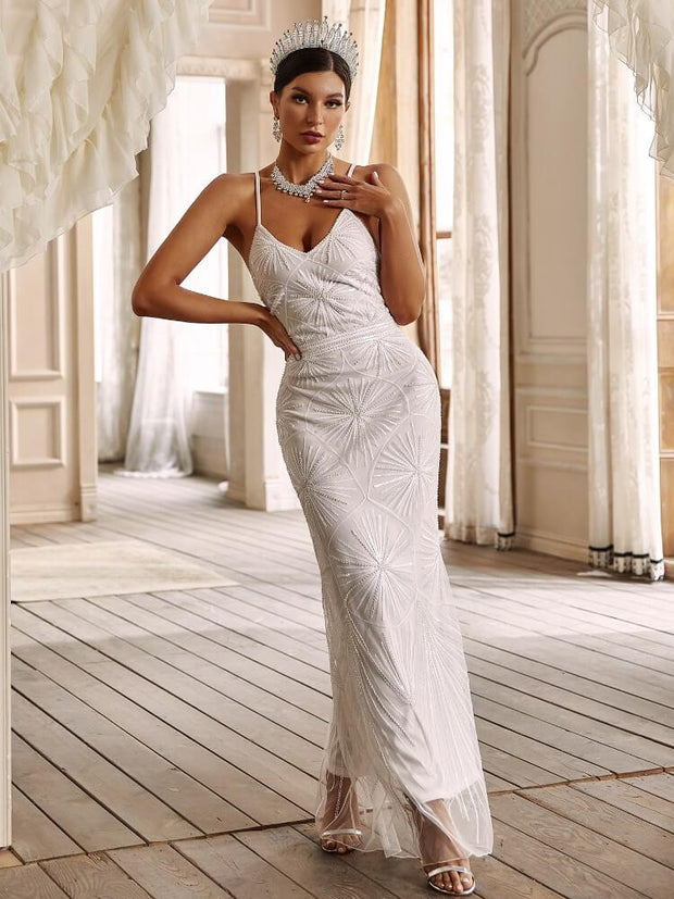 Elegant Suspender Jacquard Beaded Evening Dress