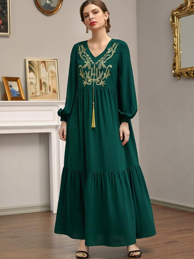 Women's Loose V-neck Embroidery Tassel Jalabiya Dress