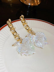 Silver Needle Zircon Shell Leaf Earrings