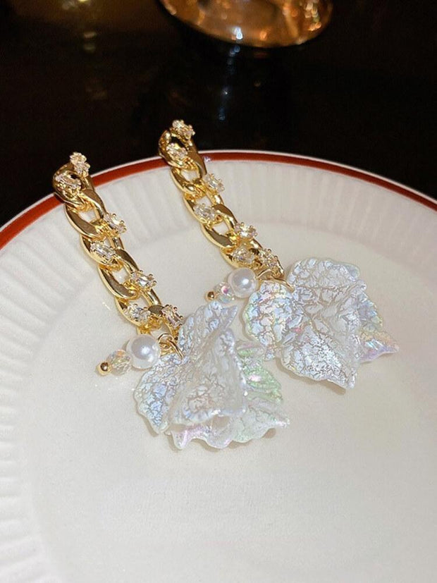 Silver Needle Zircon Shell Leaf Earrings