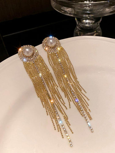 925 Silver Needle Pearl Inlaid Diamond Tassel Earrings