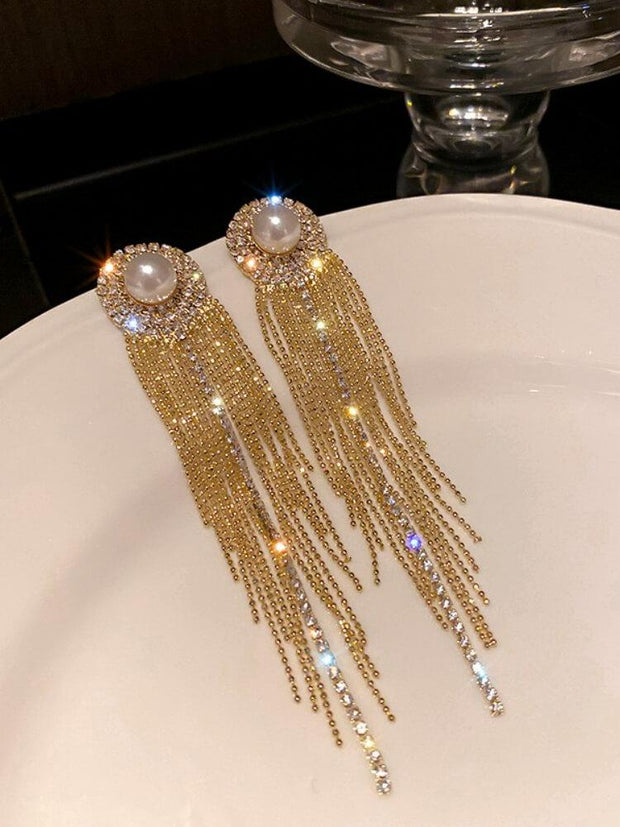 925 Silver Needle Pearl Inlaid Diamond Tassel Earrings