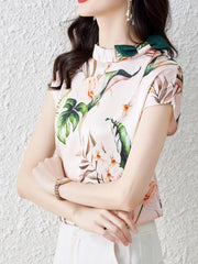 Bow Tie Shirt Short Sleeve Printed Blouse