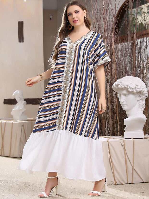 Women's Plus Size Lace Stripe Stitching Dress Jalabiya