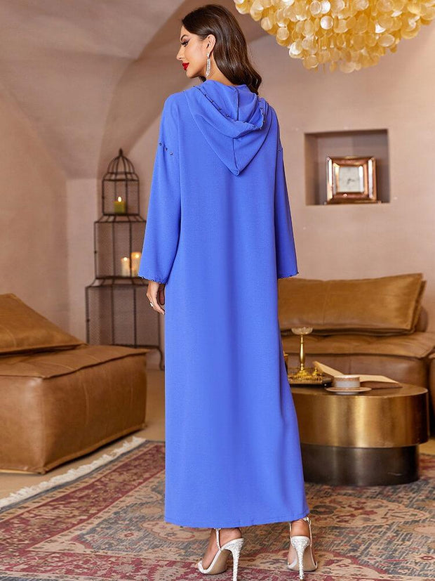 V-neck Hand Sewn Drill Hooded Abaya