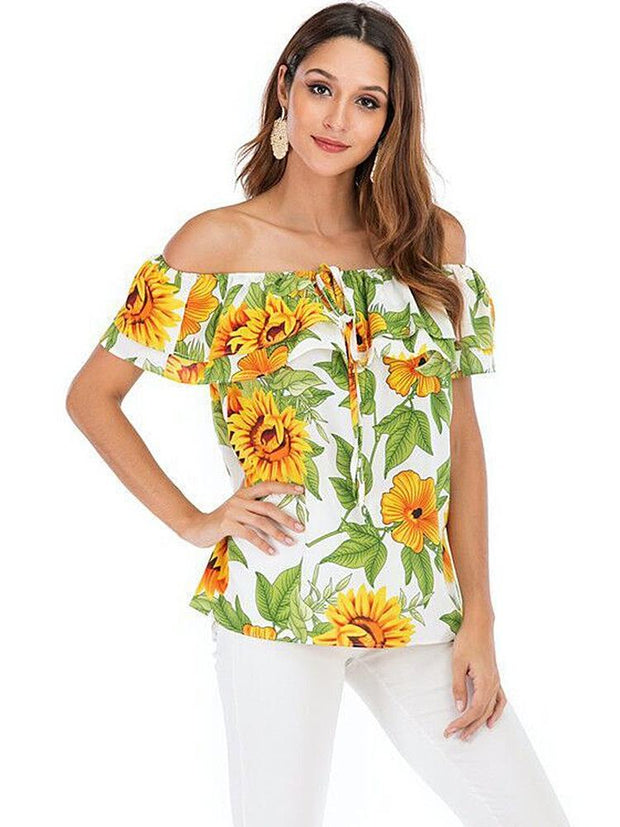 Off Shoulder Printed Short Sleeve Shirt