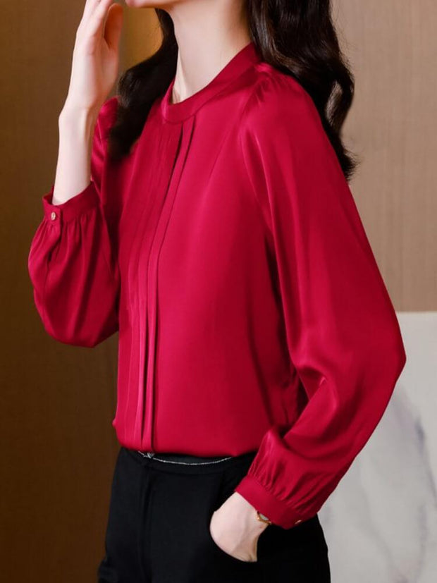 Pleated Long Sleeve Round Neck Shirt