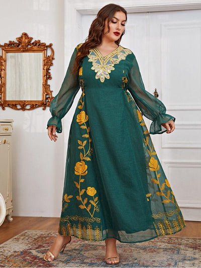 Women's Plus Size Lace Flower Embroidered Jalabiya Dress