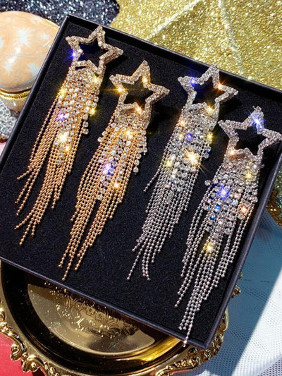 925 Silver Five Pointed Star Long Tassel Diamond Earrings