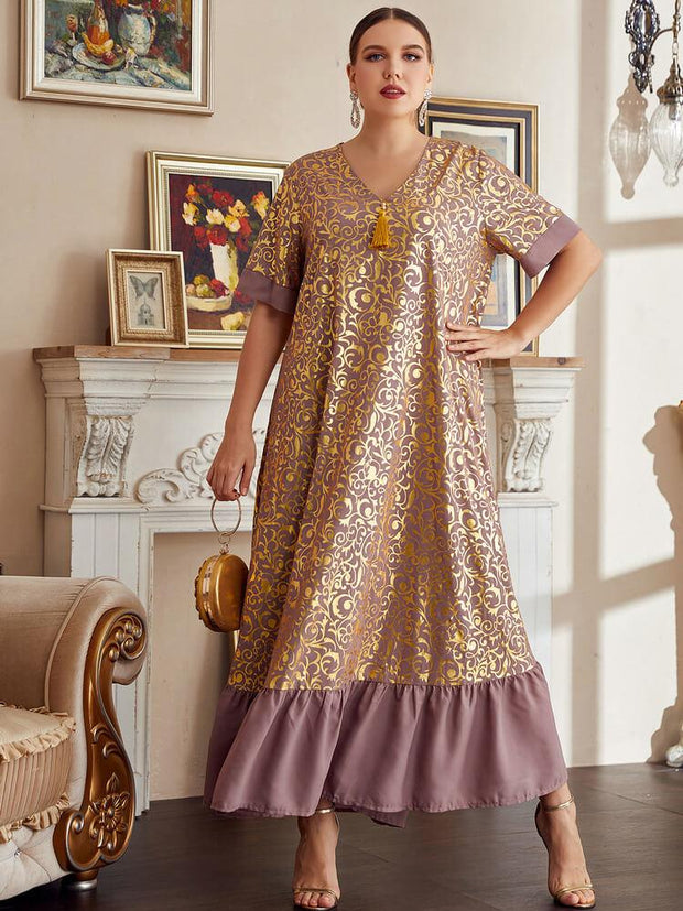 Women's Plus Size Gold Print Stitched Ruffle Short Sleeve Jalabiya
