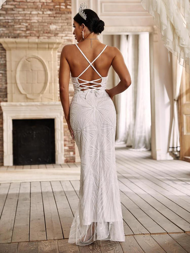 Elegant Suspender Jacquard Beaded Evening Dress