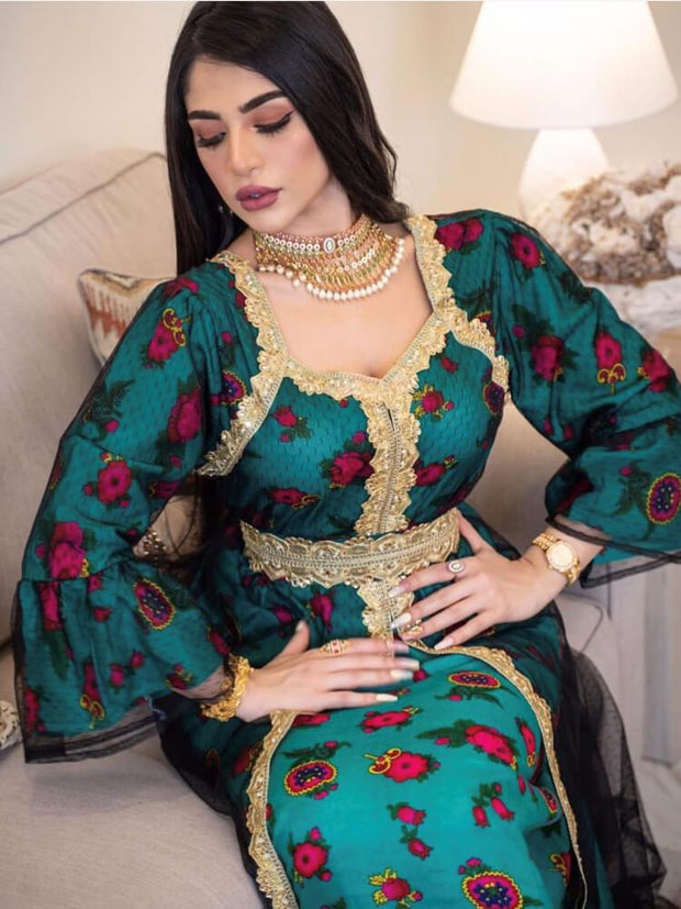 Women's Printed Embroidery Lace Mesh Dress Jalabiya