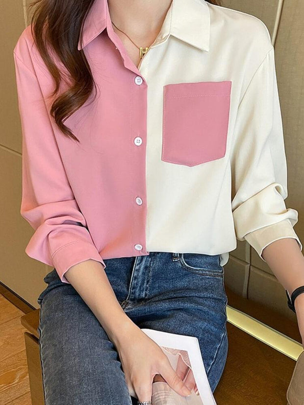 Women's Patchwork Lapel Blouse