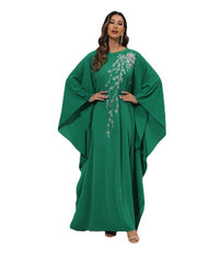 Loose Embroidered Bat Sleeve Round Neck Long Gown