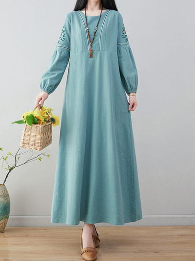 Long Sleeve Embroidered Round Neck Dress