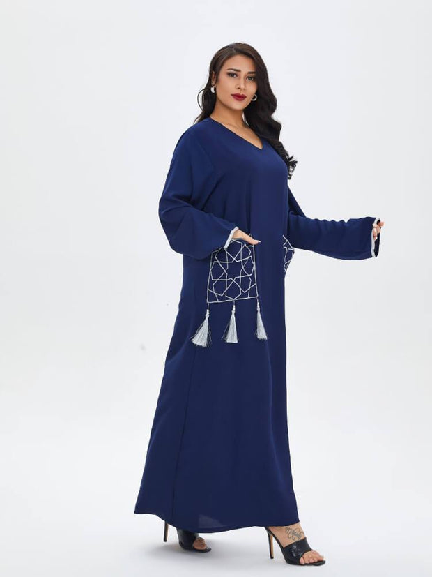 Women's V-neck Embroidered Long Sleeve Jalabiya Dress