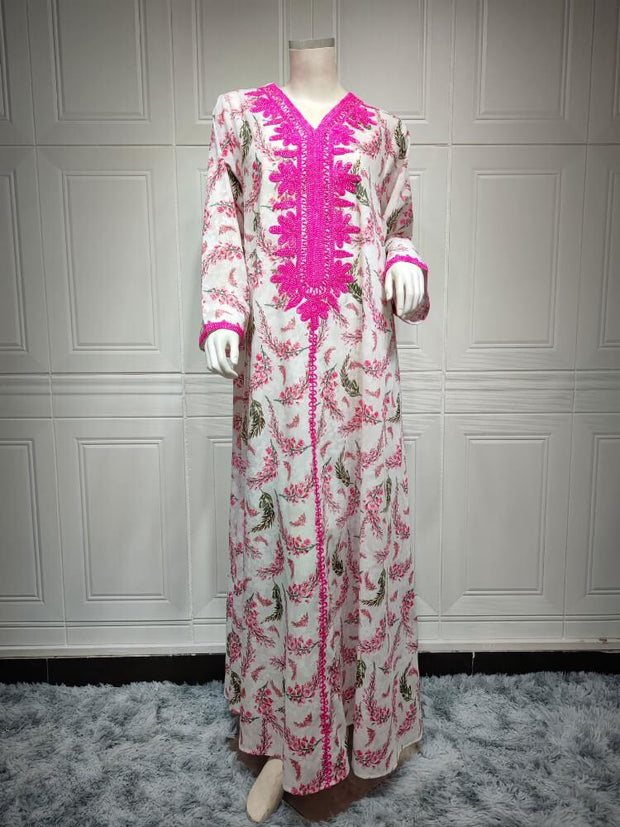 Women's V-neck Cotton Print Jalabiya Dress