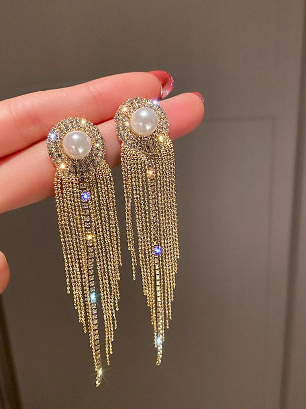 925 Silver Needle Pearl Inlaid Diamond Tassel Earrings