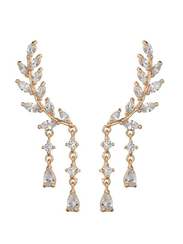 Leaf Tassel Zircon S925 Sterling Silver Needle Earrings